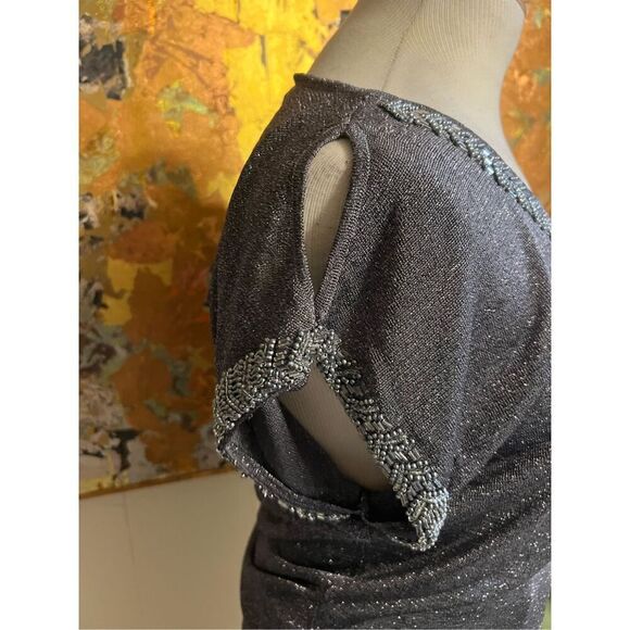 Cache Silver Beaded Cold Shoulder Short Sleeved Dressy Top GORGEOUS S - Picture 3 of 9